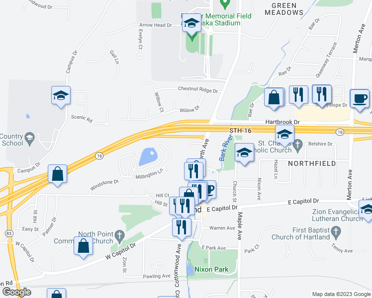 map of restaurants, bars, coffee shops, grocery stores, and more near 327 North Avenue in Hartland