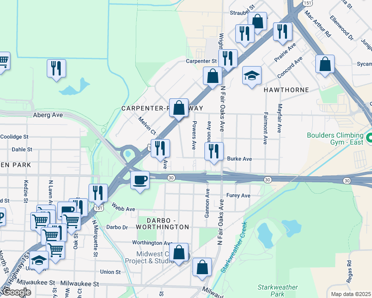 map of restaurants, bars, coffee shops, grocery stores, and more near 721 Pinecrest Drive in Madison