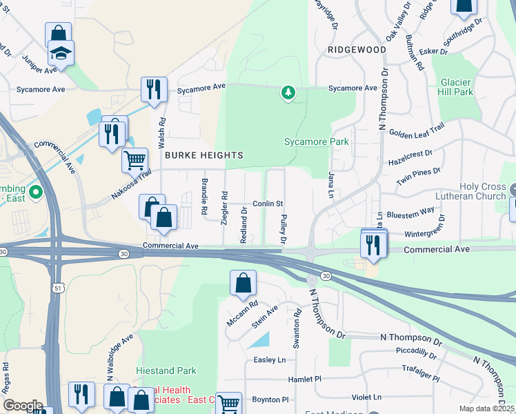 map of restaurants, bars, coffee shops, grocery stores, and more near 730 Bewick Drive in Madison