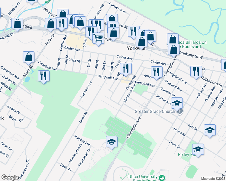 map of restaurants, bars, coffee shops, grocery stores, and more near 50 Myers Avenue in Yorkville