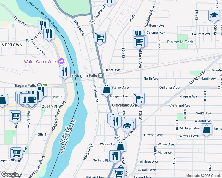 map of restaurants, bars, coffee shops, grocery stores, and more near 919 Ontario Avenue in Niagara Falls