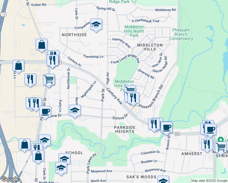 map of restaurants, bars, coffee shops, grocery stores, and more near 6938 Century Avenue in Middleton