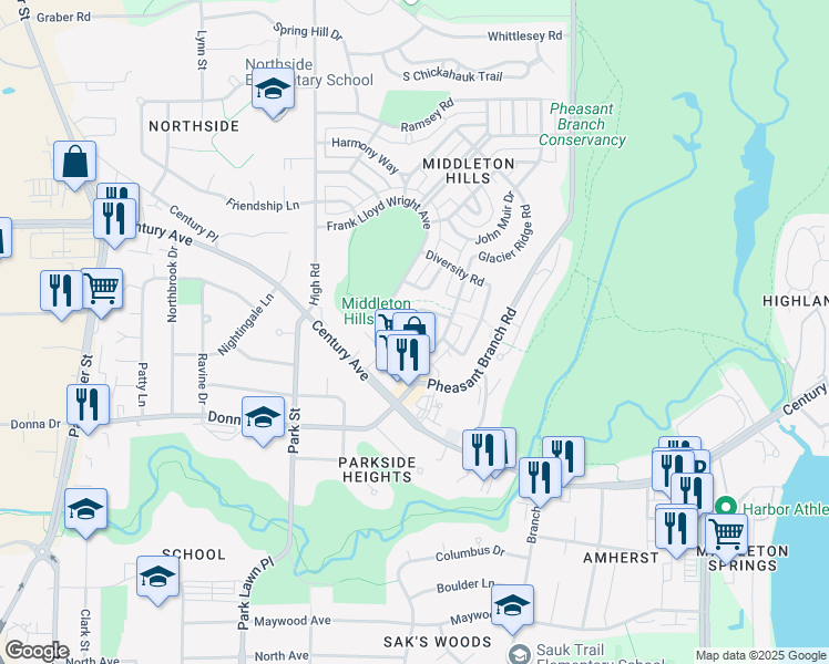 map of restaurants, bars, coffee shops, grocery stores, and more near 6750 Frank Lloyd Wright Avenue in Middleton