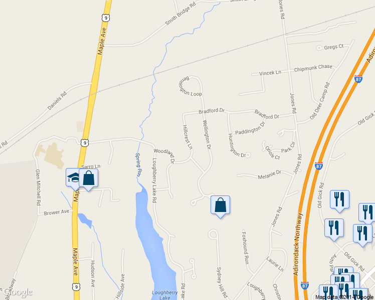 map of restaurants, bars, coffee shops, grocery stores, and more near 61 Hillcrest Lane in Saratoga Springs