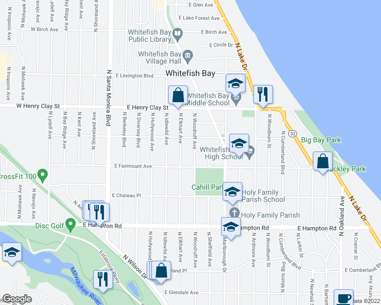 map of restaurants, bars, coffee shops, grocery stores, and more near 5039 North Woodruff Avenue in Whitefish Bay