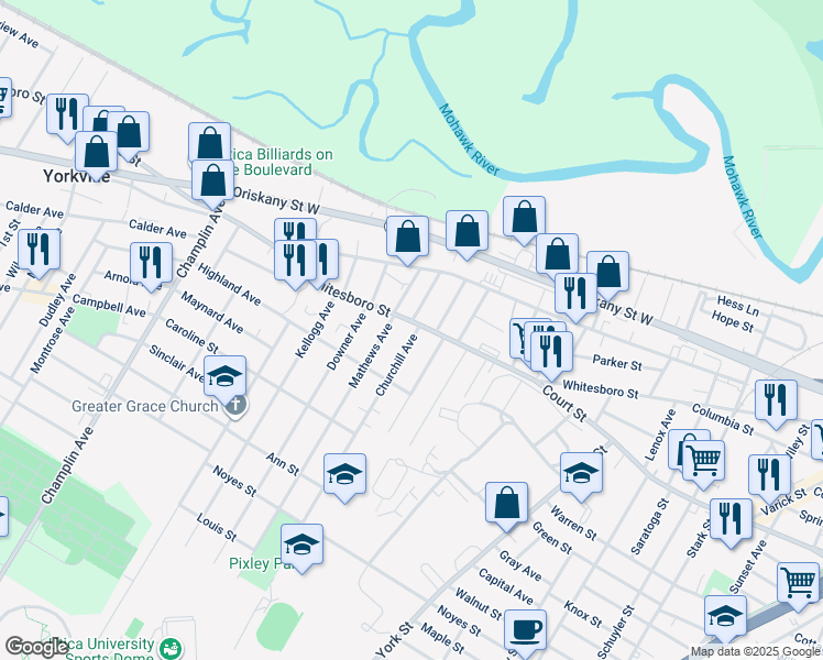 map of restaurants, bars, coffee shops, grocery stores, and more near 1801 Whitesboro Street in Utica