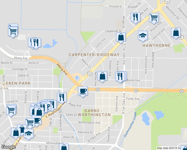 map of restaurants, bars, coffee shops, grocery stores, and more near 3177 East Washington Avenue in Madison