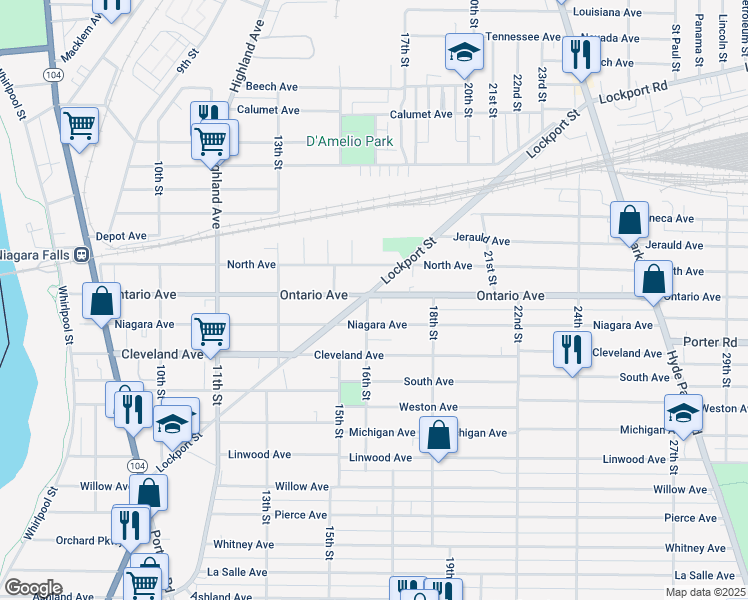 map of restaurants, bars, coffee shops, grocery stores, and more near 1601 Ontario Avenue in Niagara Falls