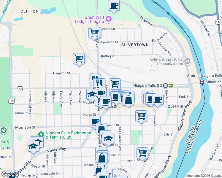 map of restaurants, bars, coffee shops, grocery stores, and more near 4714 Bridge Street in Niagara Falls