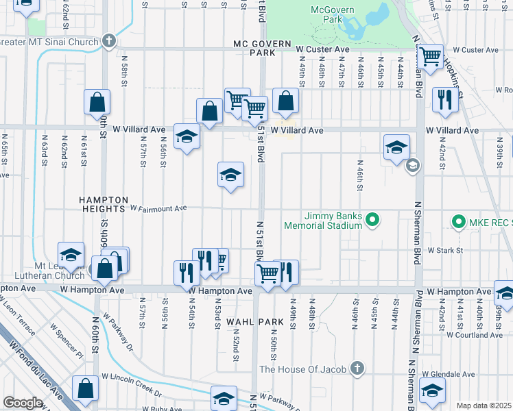 map of restaurants, bars, coffee shops, grocery stores, and more near 5003 North 51st Boulevard in Milwaukee