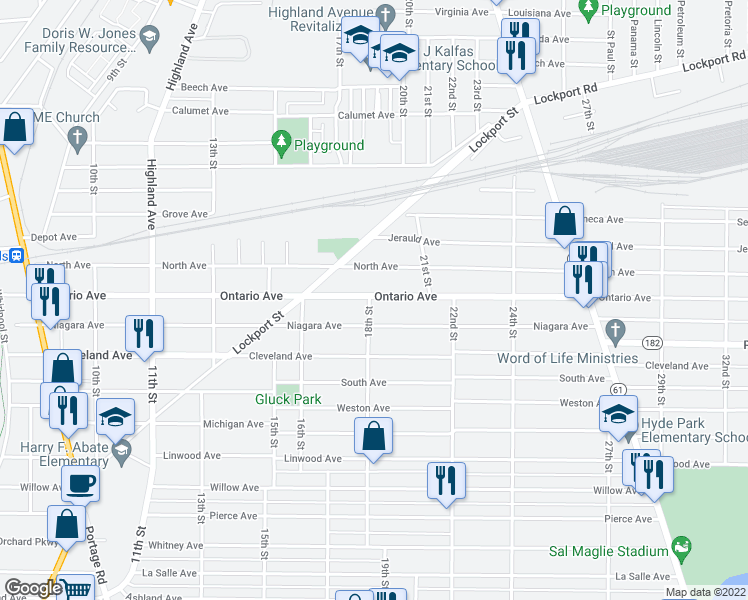 map of restaurants, bars, coffee shops, grocery stores, and more near 1803 Ontario Avenue in Niagara Falls