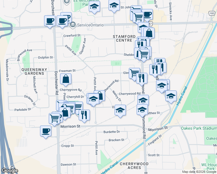 map of restaurants, bars, coffee shops, grocery stores, and more near Sherwood Road in Niagara Falls