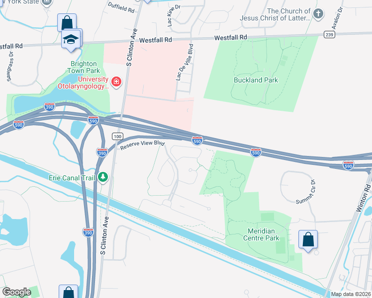 map of restaurants, bars, coffee shops, grocery stores, and more near 247 Bretlyn Circle in Rochester