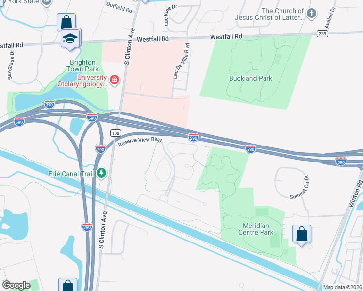 map of restaurants, bars, coffee shops, grocery stores, and more near 247 Bretlyn Circle in Rochester