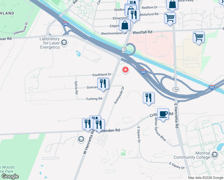 map of restaurants, bars, coffee shops, grocery stores, and more near 2134 West Henrietta Road in Rochester