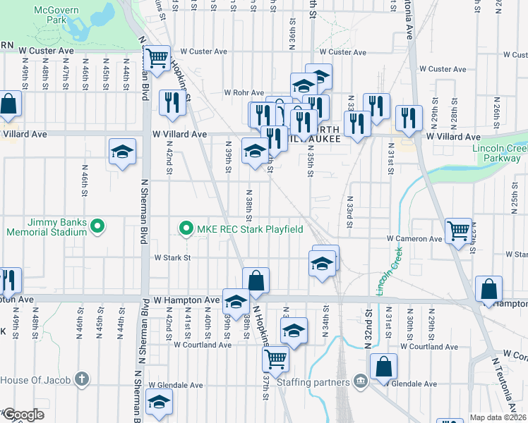 map of restaurants, bars, coffee shops, grocery stores, and more near 3732 West Fairmount Avenue in Milwaukee