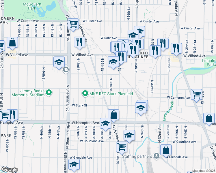 map of restaurants, bars, coffee shops, grocery stores, and more near 3732 West Fairmount Avenue in Milwaukee