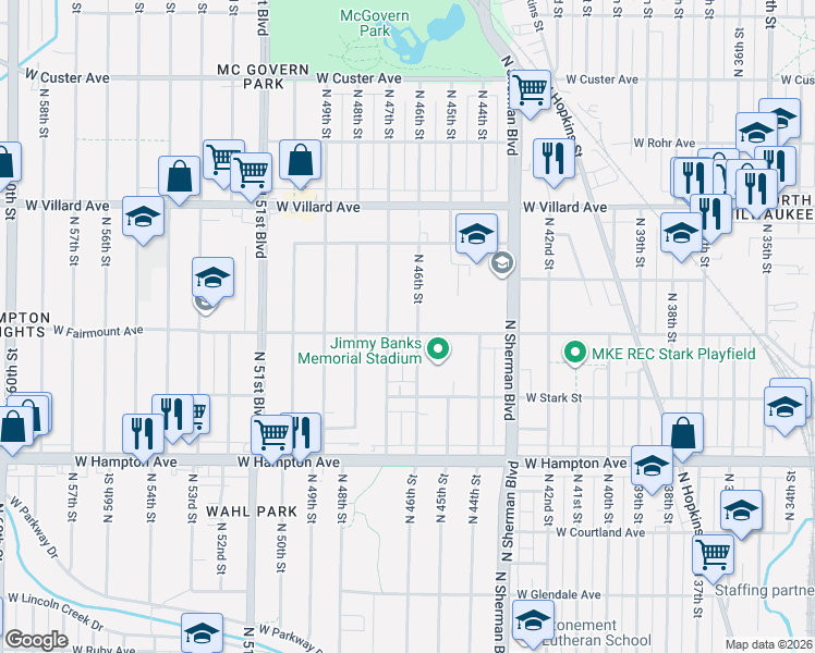 map of restaurants, bars, coffee shops, grocery stores, and more near 5001 North 46th Street in Milwaukee