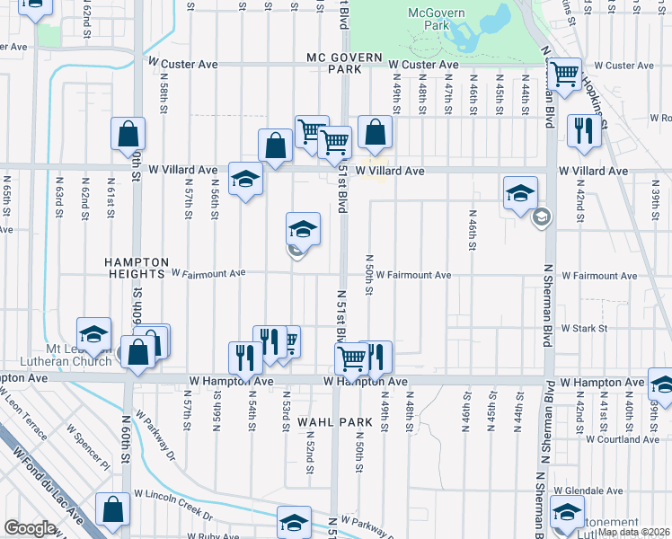 map of restaurants, bars, coffee shops, grocery stores, and more near 5003 North 51st Boulevard in Milwaukee