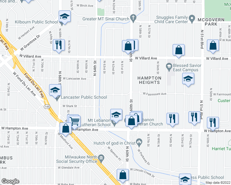 map of restaurants, bars, coffee shops, grocery stores, and more near 6130 West Fairmount Avenue in Milwaukee