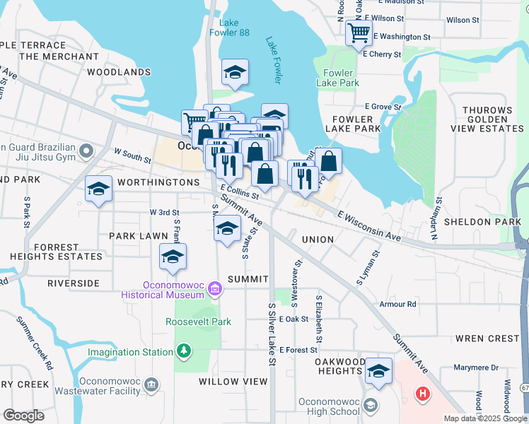 map of restaurants, bars, coffee shops, grocery stores, and more near 234 Summit Avenue in Oconomowoc