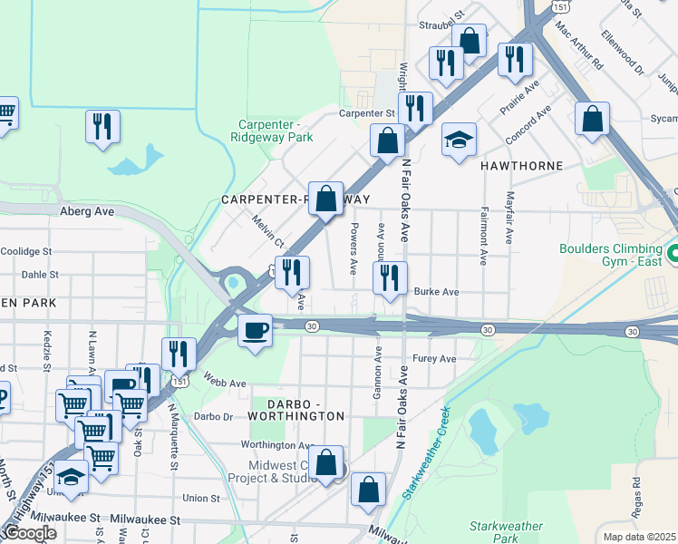 map of restaurants, bars, coffee shops, grocery stores, and more near 721 Pinecrest Drive in Madison
