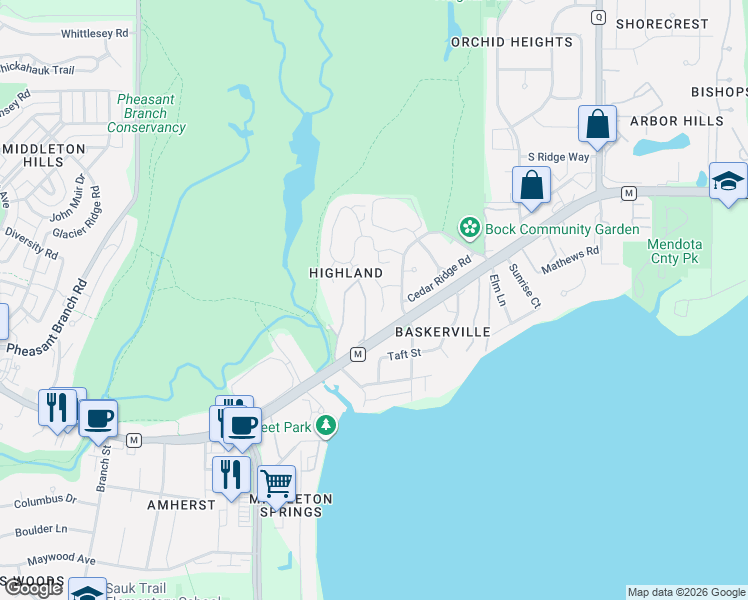 map of restaurants, bars, coffee shops, grocery stores, and more near 5830 Highland Terrace in Middleton