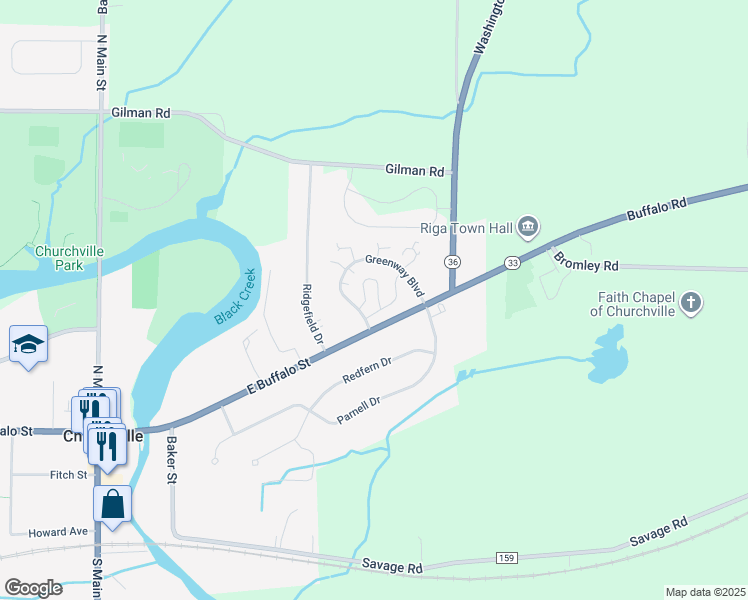 map of restaurants, bars, coffee shops, grocery stores, and more near 252 Greenway Boulevard in Churchville