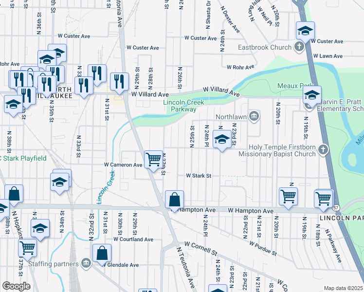 map of restaurants, bars, coffee shops, grocery stores, and more near 5002 North 26th Street in Milwaukee
