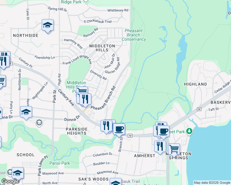 map of restaurants, bars, coffee shops, grocery stores, and more near 3301 Conservancy Lane in Middleton