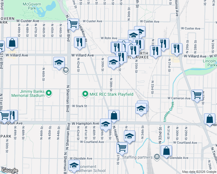 map of restaurants, bars, coffee shops, grocery stores, and more near 3732 West Fairmount Avenue in Milwaukee
