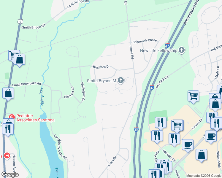 map of restaurants, bars, coffee shops, grocery stores, and more near 42 Pheasant Court in Saratoga Springs