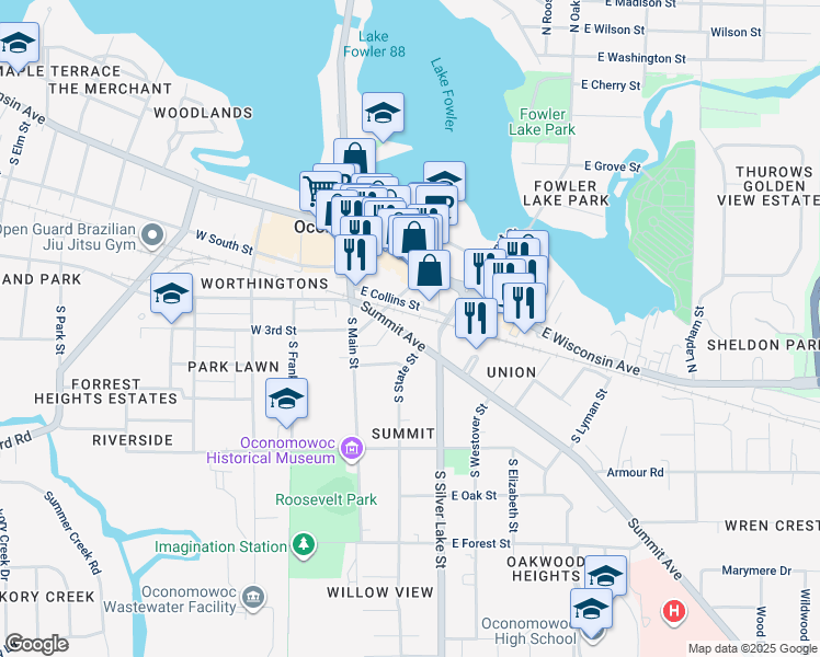 map of restaurants, bars, coffee shops, grocery stores, and more near 234 Summit Avenue in Oconomowoc