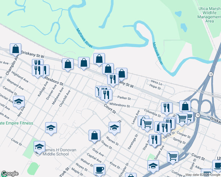 map of restaurants, bars, coffee shops, grocery stores, and more near 1413 Erie St in Utica