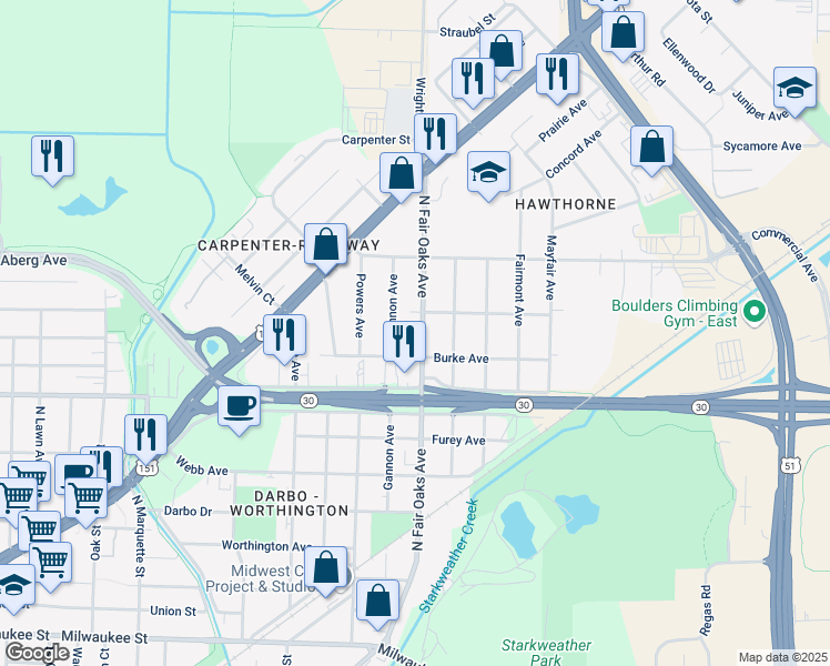 map of restaurants, bars, coffee shops, grocery stores, and more near 720 North Fair Oaks Avenue in Madison