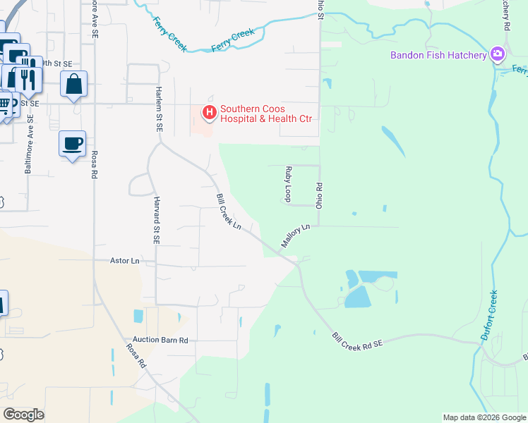 map of restaurants, bars, coffee shops, grocery stores, and more near 55038 Ruby Loop in Bandon