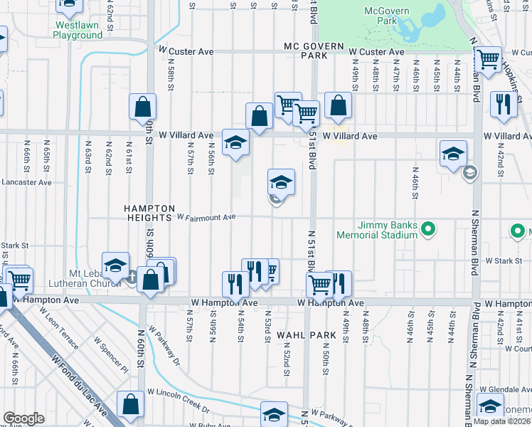 map of restaurants, bars, coffee shops, grocery stores, and more near 5003 North 53rd Street in Milwaukee