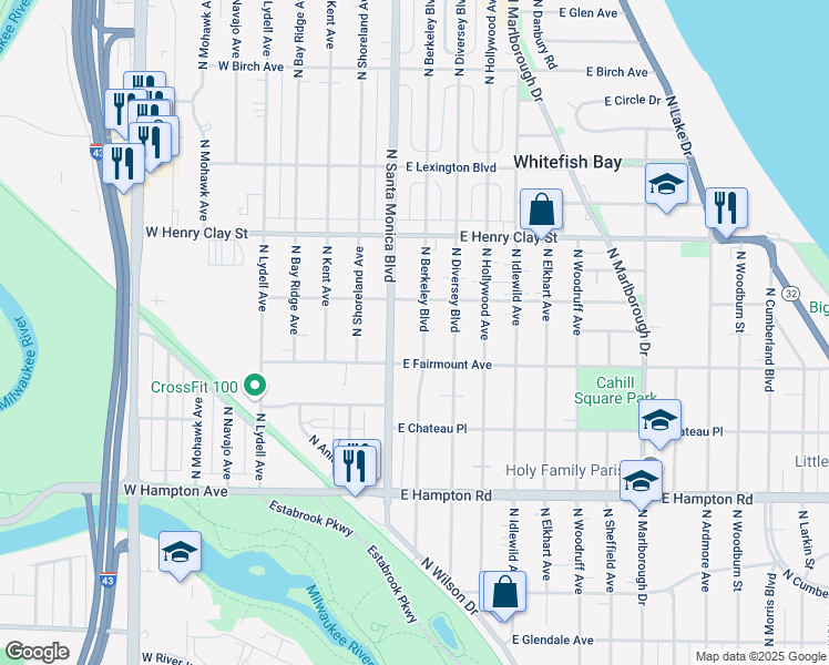 map of restaurants, bars, coffee shops, grocery stores, and more near 5039 North Berkeley Boulevard in Whitefish Bay