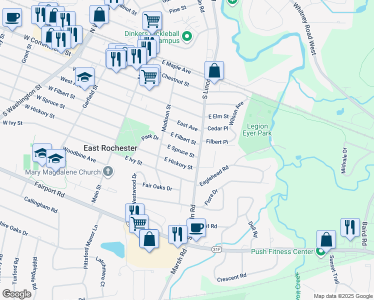 map of restaurants, bars, coffee shops, grocery stores, and more near 227 E Spruce St in East Rochester