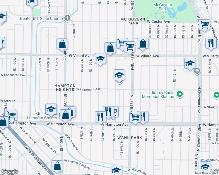 map of restaurants, bars, coffee shops, grocery stores, and more near 5000 North 54th Street in Milwaukee