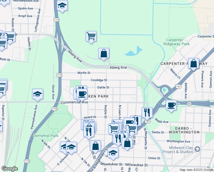 map of restaurants, bars, coffee shops, grocery stores, and more near 2702 Dahle Street in Madison