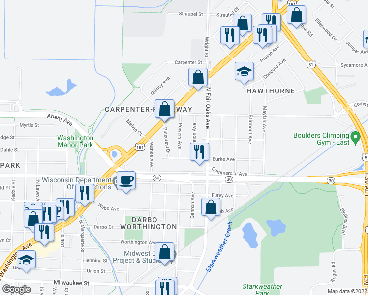 map of restaurants, bars, coffee shops, grocery stores, and more near 713 Powers Avenue in Madison