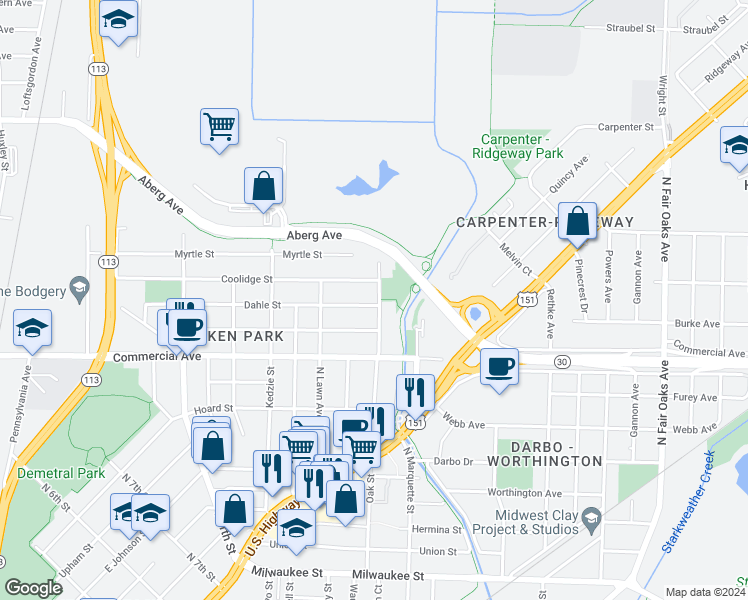 map of restaurants, bars, coffee shops, grocery stores, and more near 2848 Dahle Street in Madison