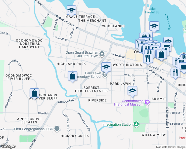 map of restaurants, bars, coffee shops, grocery stores, and more near 309 South Concord Road in Oconomowoc