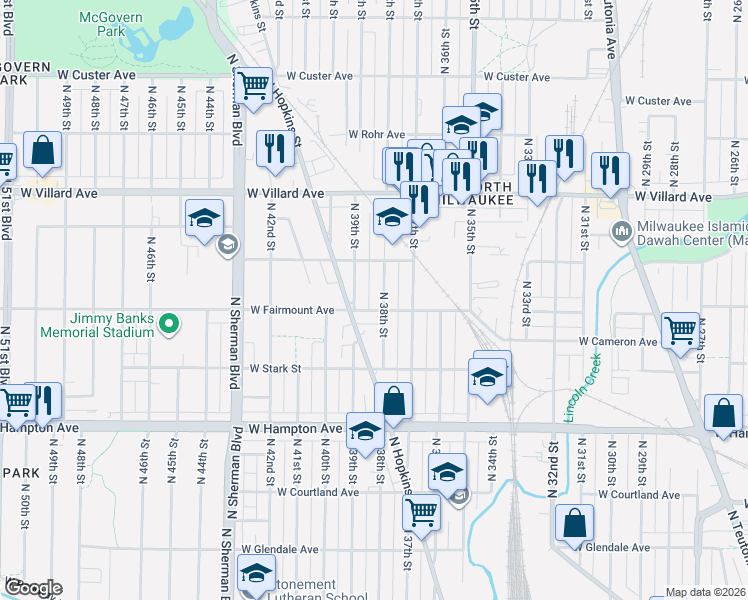 map of restaurants, bars, coffee shops, grocery stores, and more near 3732 West Fairmount Avenue in Milwaukee