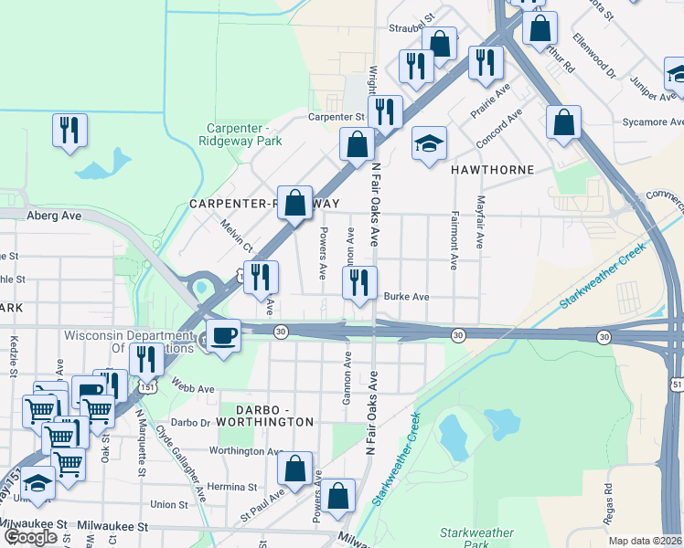 map of restaurants, bars, coffee shops, grocery stores, and more near 713 Powers Avenue in Madison