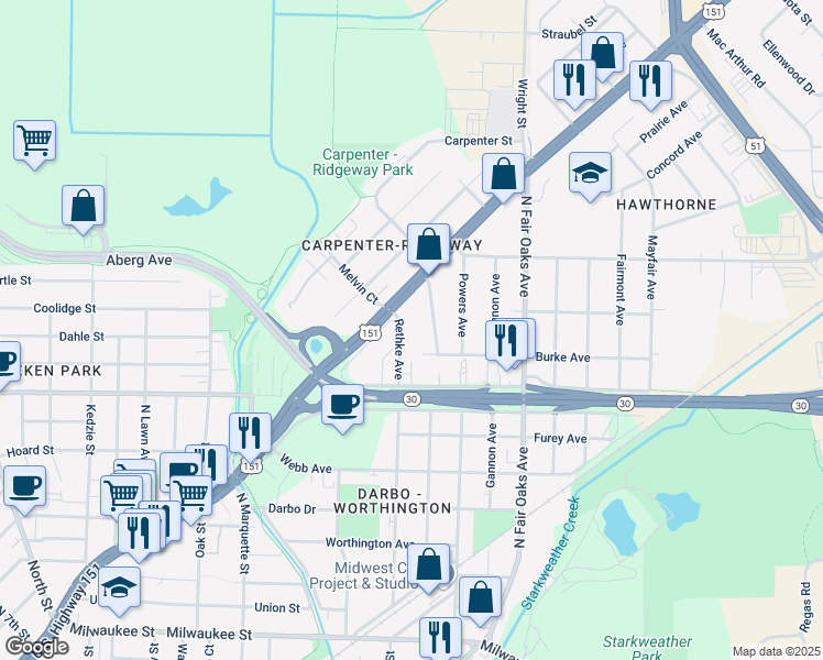 map of restaurants, bars, coffee shops, grocery stores, and more near 3177 East Washington Avenue in Madison