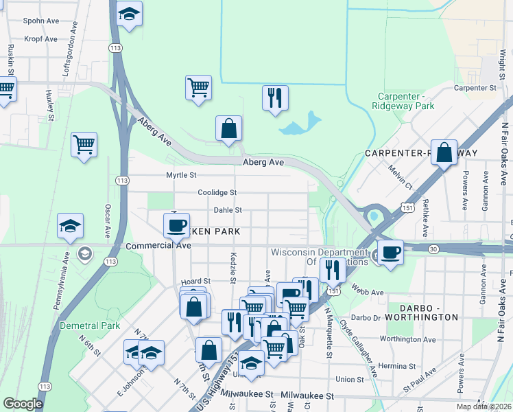 map of restaurants, bars, coffee shops, grocery stores, and more near 2730 Dahle Street in Madison