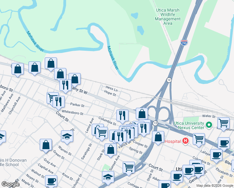 map of restaurants, bars, coffee shops, grocery stores, and more near 1004 Hope St in Utica