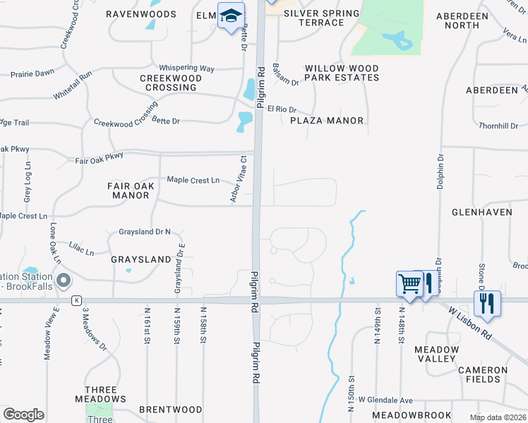 map of restaurants, bars, coffee shops, grocery stores, and more near N50W15565 Honeysuckle Lane in Menomonee Falls